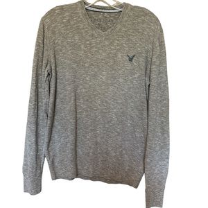 American Eagle Men’s Vneck sweater logo cotton size color heather tan Sm…